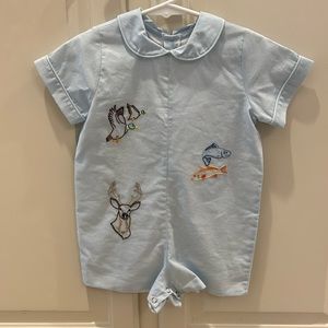 Boys blue romper - embroidered hunting, fishing onesie - Lullaby Set brand - 18m